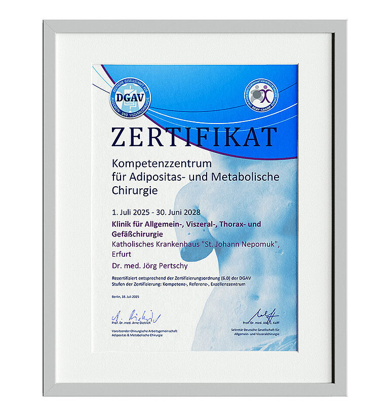Zertifikat des DGAV "Kompetenzzentrum für Adipositas- und Metabolische Chirurgie" für das Adipositaszentrum Erfurt